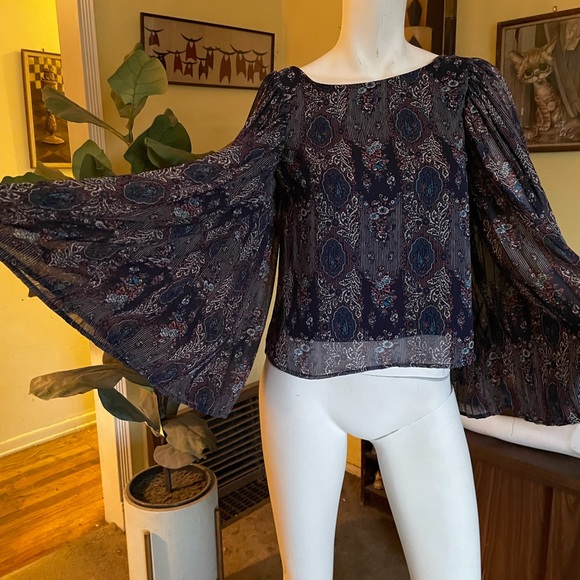 Ladies BoHo bat wing floral blouse hippie chic pleated belt sleeves freebird - Picture 4 of 8